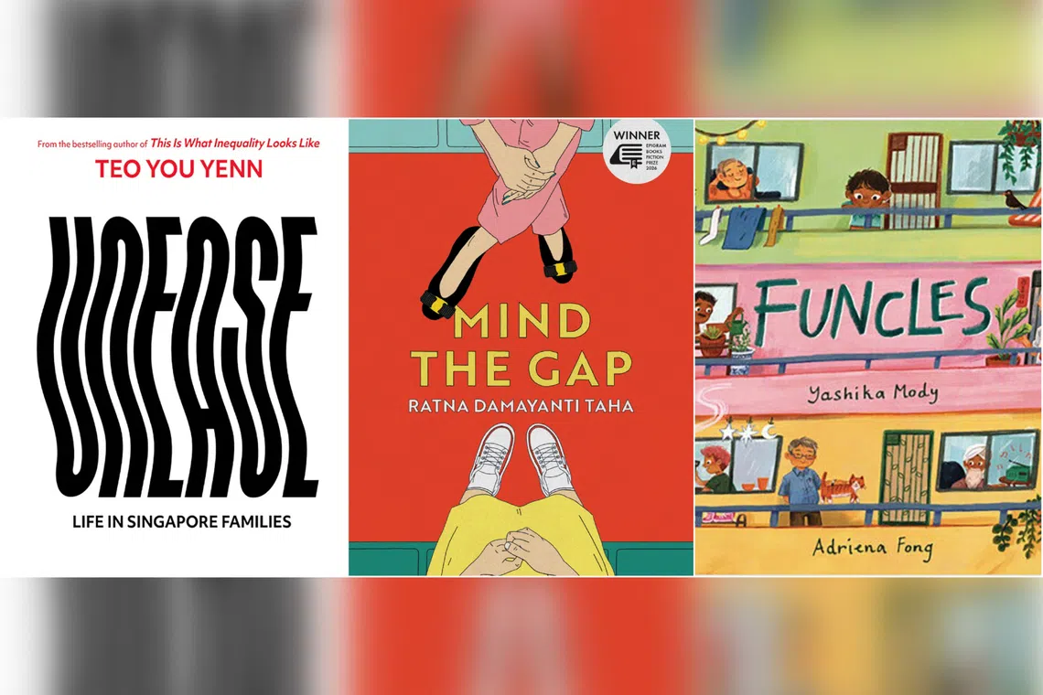 (From left) Unease: Life In Singapore Families by Teo You Yenn, Mind The Gap by Ratna Damayanti Taha, Funcles by Yashika Mody and Adriena Fong.