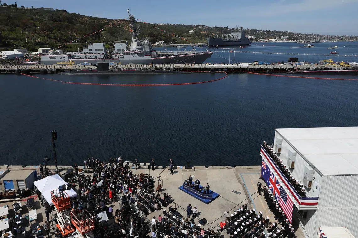 FILE PHOTO: U.S. President Joe Biden, Australian Prime Minister Anthony Albanese and British Prime Minister Rishi Sunak deliver remarks on the Australia- United Kingdom- U.S. (AUKUS) partnership at Naval Base Point Loma in San Diego, California U.S. March 13, 2023. REUTERS/Leah Millis/File Photo