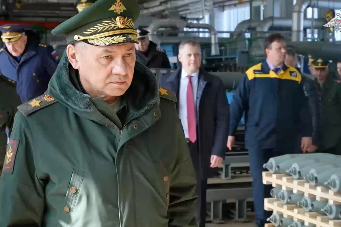 Russia's Defence Minister Sergei Shoigu visits a military factory producing air-launched weapons and aerial bombs in the Nizhny Novgorod region, Russia, in this still image taken from video released March 21, 2024. Russian Defence Ministry/Handout via REUTERS/ File photo
