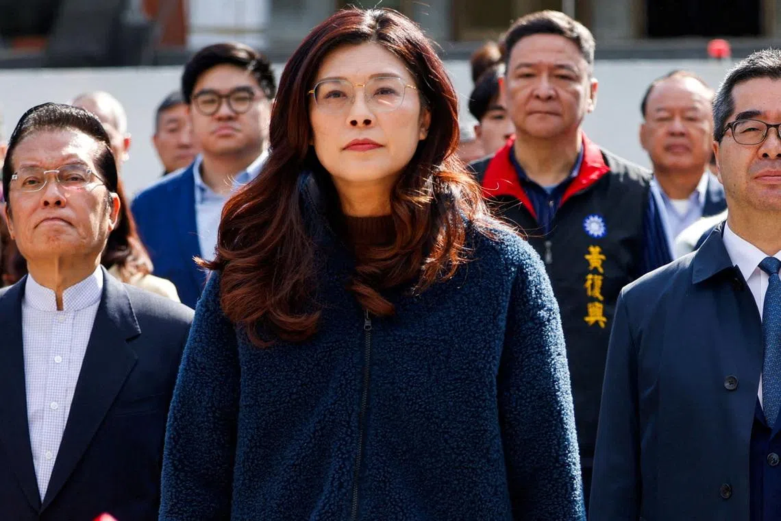 FILE PHOTO: Cheng Li-wun, the chairwoman of Taiwan's largest opposition party, the Kuomintang attends an event in Taipei, Taiwan March 12, 2026. REUTERS/Ann Wang/File Photo