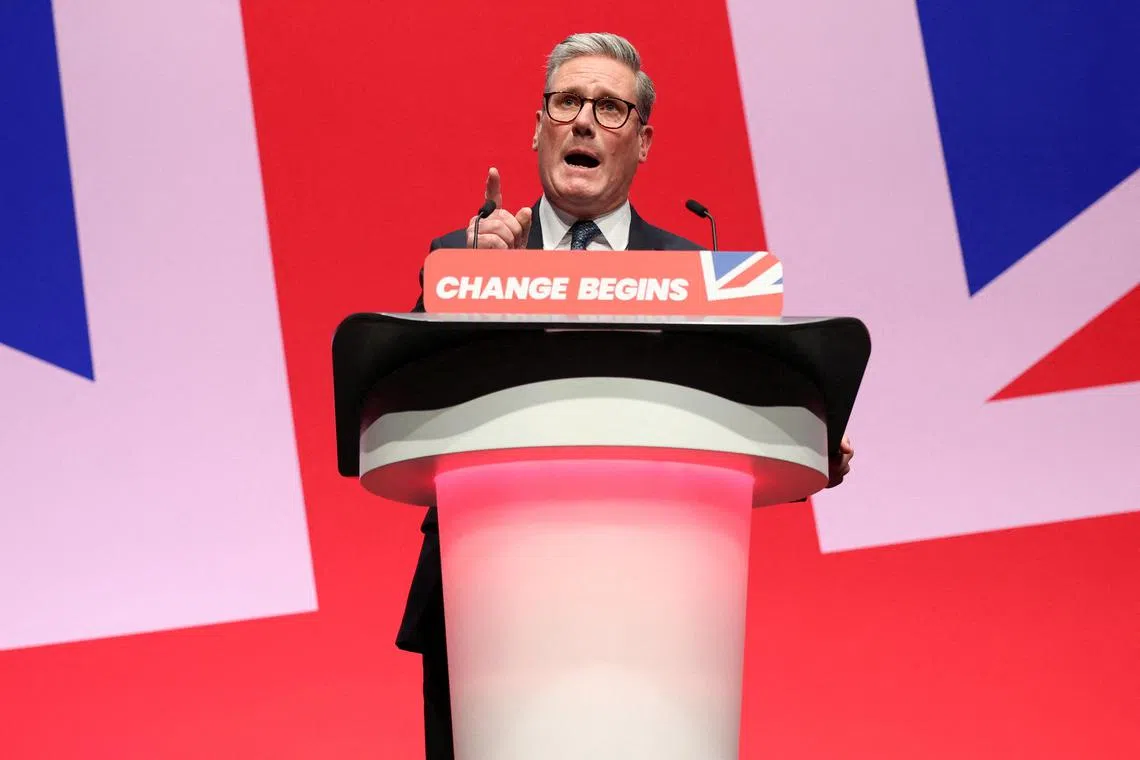 British Prime Minister Keir Starmer delivering his keynote speech at the ruling Labour Party's annual conference in Liverpool, Britain, on Sept 24.