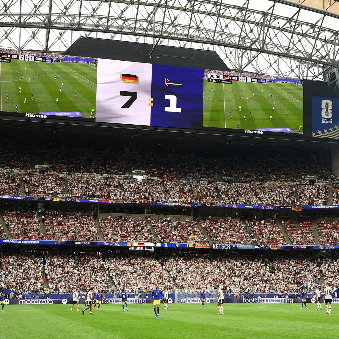 Soccer Football - FIFA World Cup 2026 - Group E - Germany v Curacao - Houston Stadium, Houston, Texas, U.S. - June 14, 2026 General view of the action during the match as the big screen shows the score REUTERS/Phil Noble