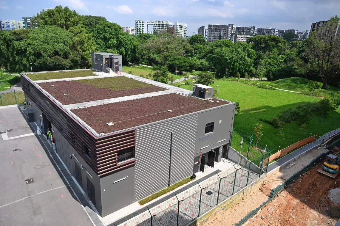 Exterior of the Bidadari Underground Service Reservoir. The underground tanks are beneath Bidadari Park (right). The pumping station (left) occupies a 700 sq m plot of land.