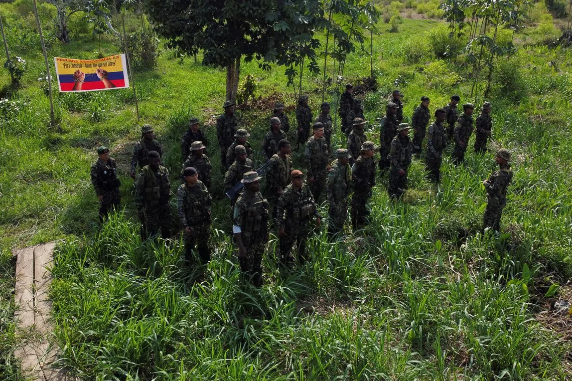 FILE PHOTO: A drone view shows guerrillas of Colombian rebel group Segunda Marquetalia standing in formation in front of a banner in the colours of Colombia's national flag and the writing reading \"To build love, you have to be free,\" in Colombia's Pacific jungle, Colombia, July 25, 2024. REUTERS/Daniel Becerril/File Photo