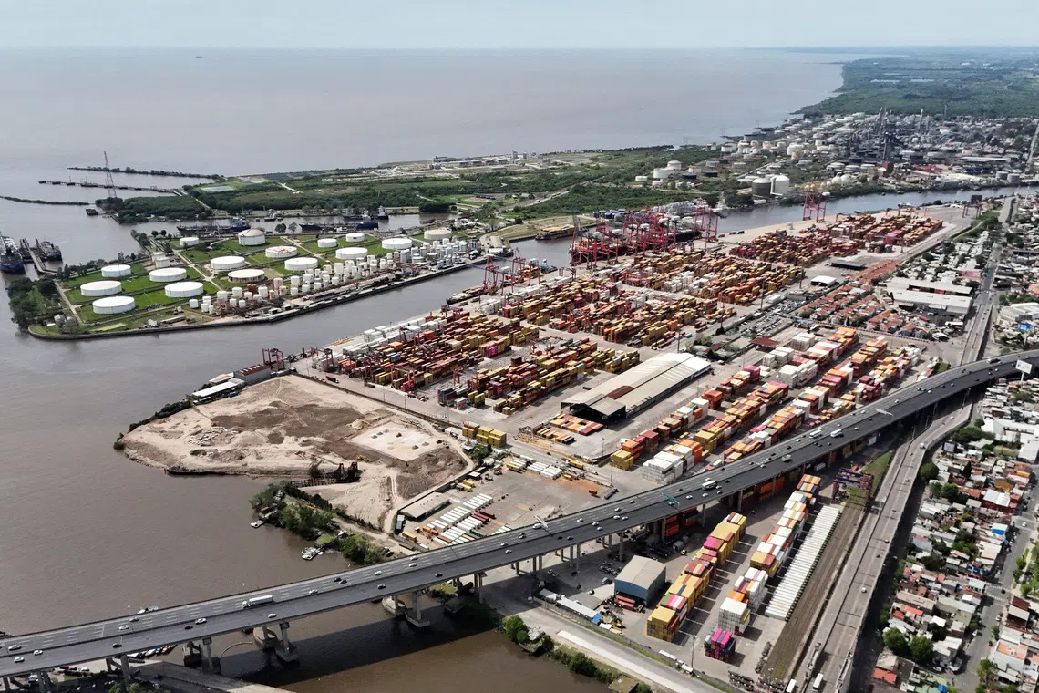 A drone view shows the Dock Sud Port in Avellaneda, Buenos Aires province, Argentina, October 10, 2025. REUTERS/Agustin Marcarian