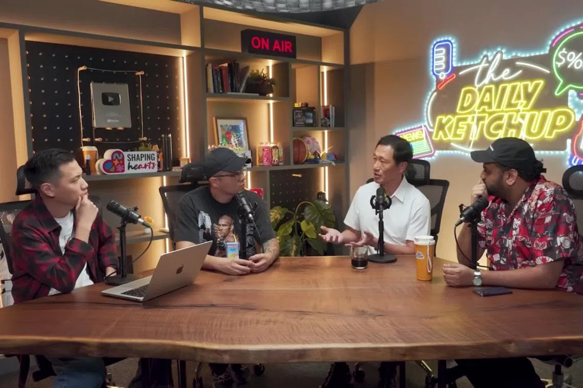 Health Minister Ong Ye Kung (second from right) speaking on local current affairs podcast The Daily Ketchup.