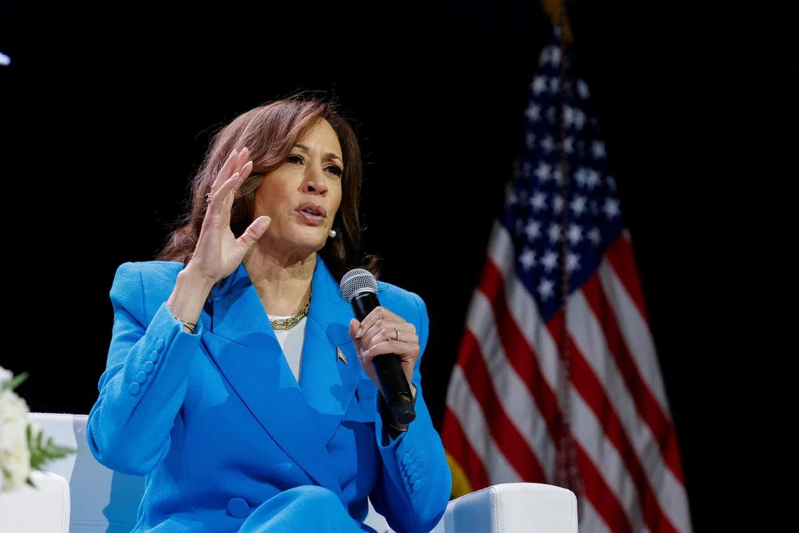 FILE PHOTO: U.S. Vice President Kamala Harris speaks during the 30th annual Essence Festival in New Orleans, Louisiana, U.S., July 6, 2024.  REUTERS/Edmund D. Fountain/File Photo
