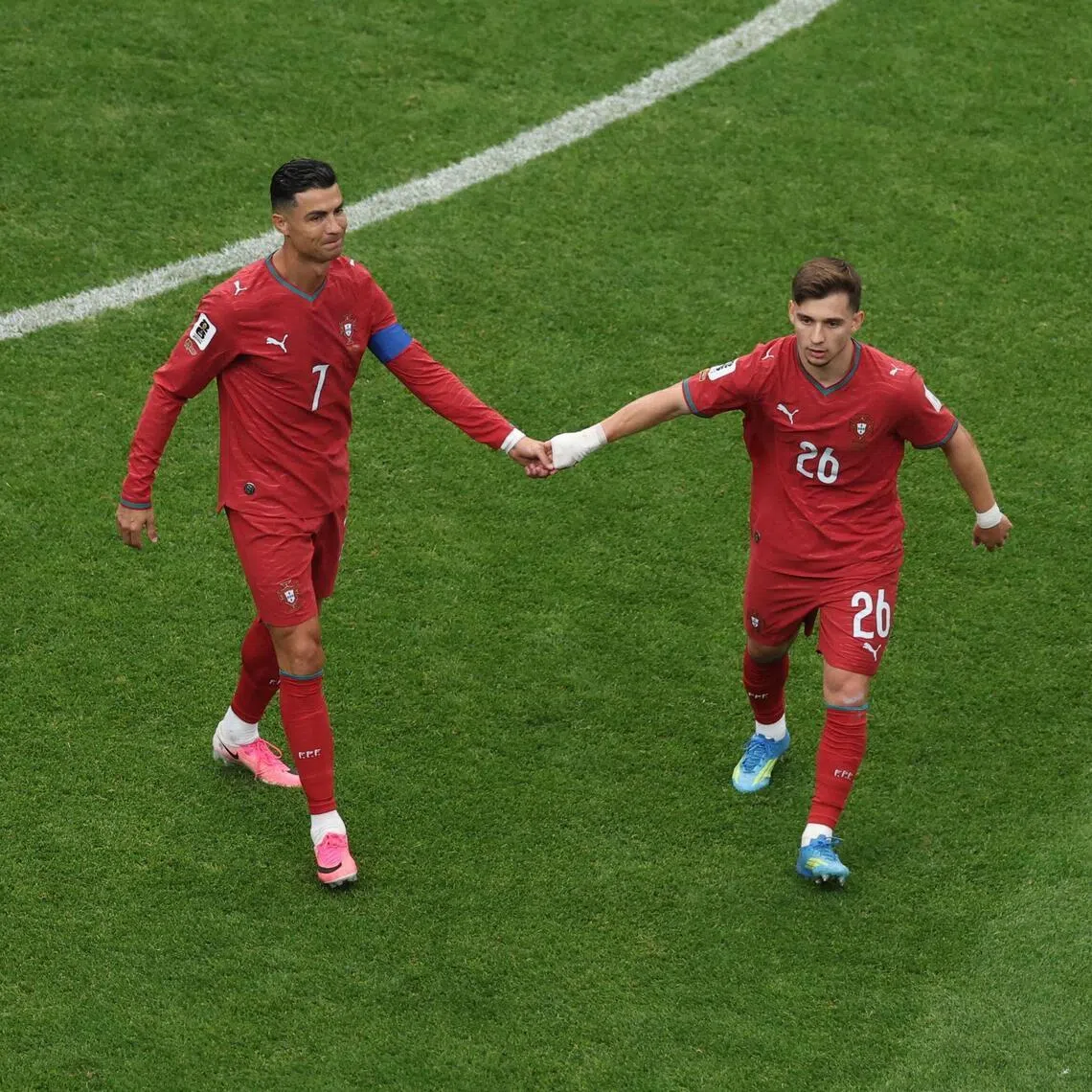 Cristiano Ronaldo (left) and Francisco Conceicao of Portugal reacting during the 1-1 World Cup draw against the Democratic Republic of Congo at NRG Stadium in Houston on June 17, 2026.