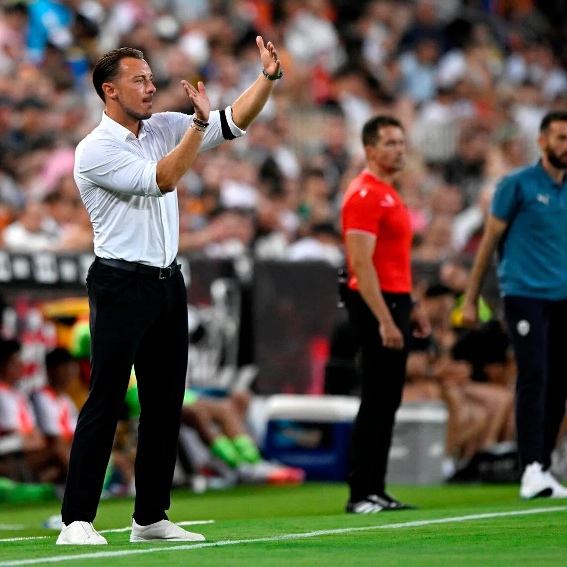 Newcastle United manager Matthias Jaissle gives instructions to his players during the pre-season friendly against Valencia at Estadio de Mestalla on Aug 8. The Magpies won 2-1.