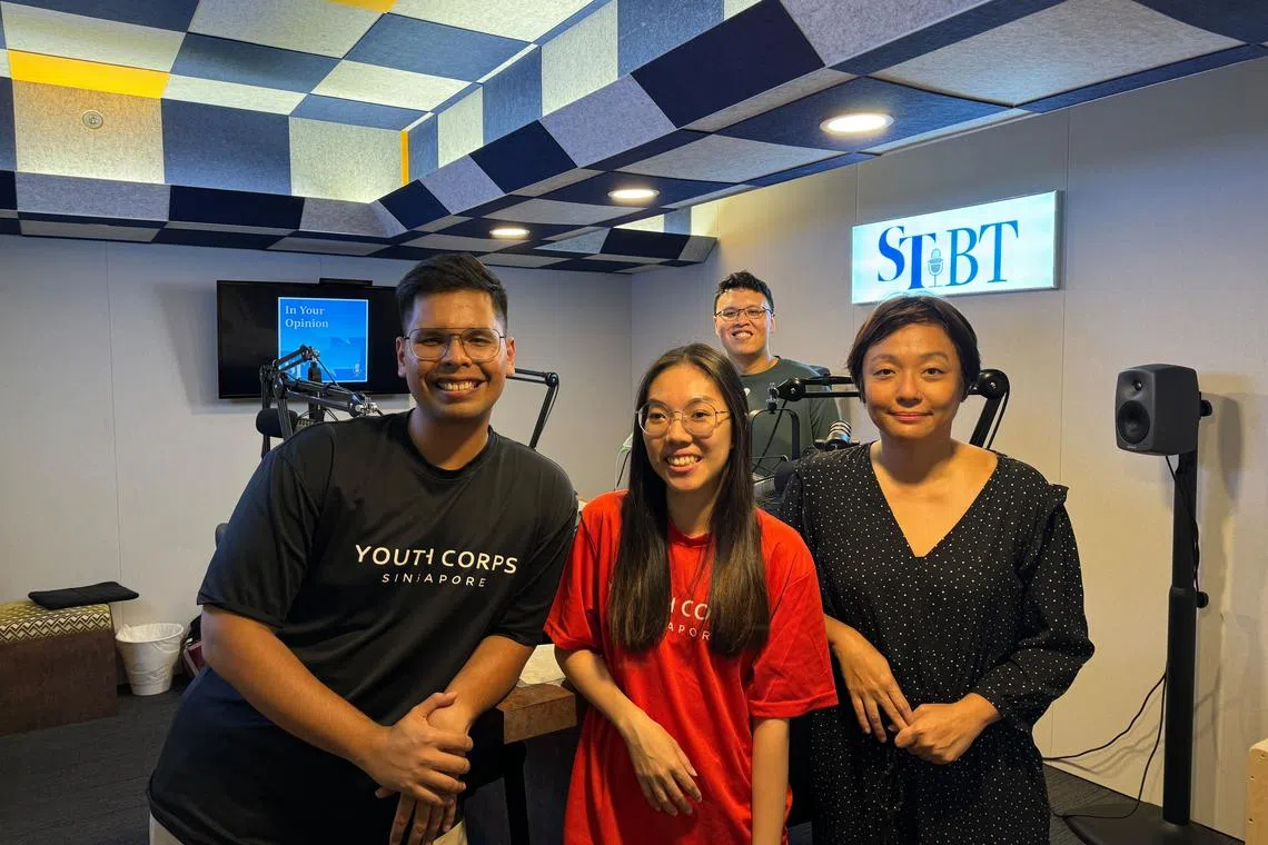 (From left) Two Youth Corps Singapore volunteer leaders, Afzal Hadi and Valerie Kwa chat with ST assistant podcast editor Lynda Hong and podcast producer, Hadyu Rahim (back) about how to get started in volunteerism here. 