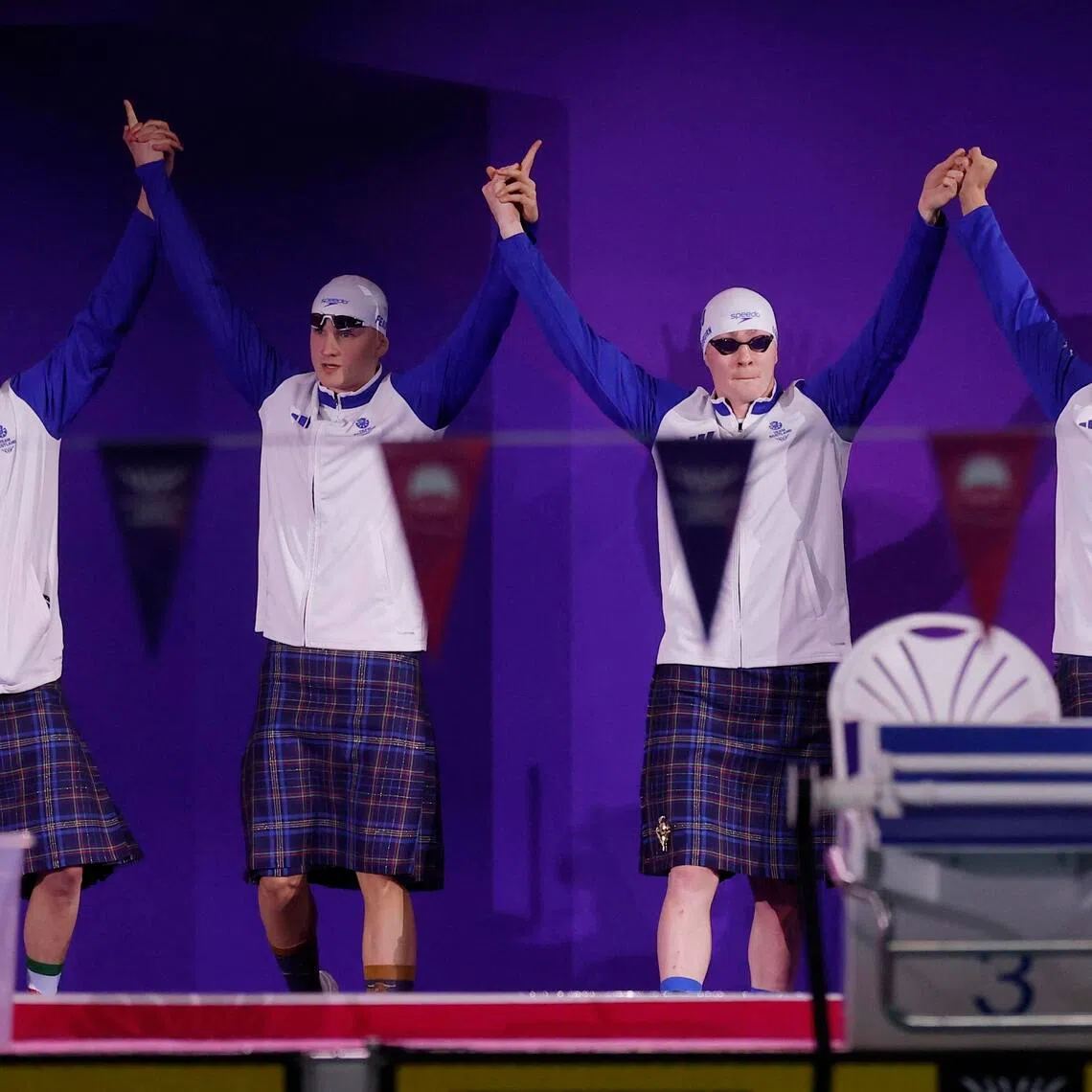 Scotland’s Matthew Ward, Archie Goodburn, Dean Fearn and Duncan Scott posing ahead of the men’s 4x100m medley relay final at the Tollcross International Swimming Centre in Glasgow, Scotland on July 29.