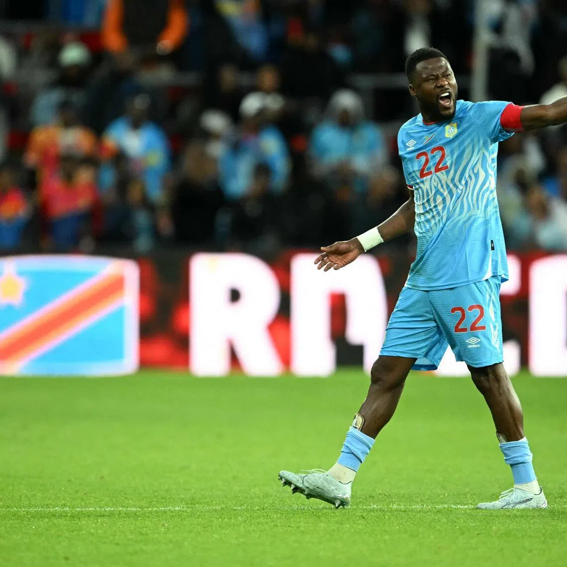 Congo defender Chancel Mbemba reacts at the end of the international friendly football match against Denmark ahead of the World Cup football tournament at the Stade Maurice Dufrasne in Liege on June 3, 2026.