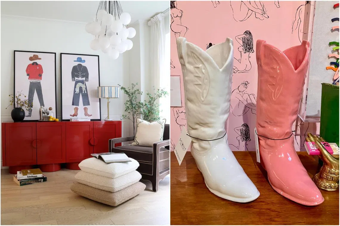 (From left)The cowboy aesthetic is making a comeback in art and design; porcelain vases shaped like cowboy boots, from Scout Design Studio.