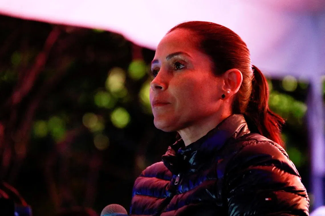 FILE PHOTO: Ecuadorean presidential candidate Luisa Gonzalez looks on as she addresses supporters during the presidential election in Quito, Ecuador April 13, 2025. REUTERS/Karen Toro/File Photo
