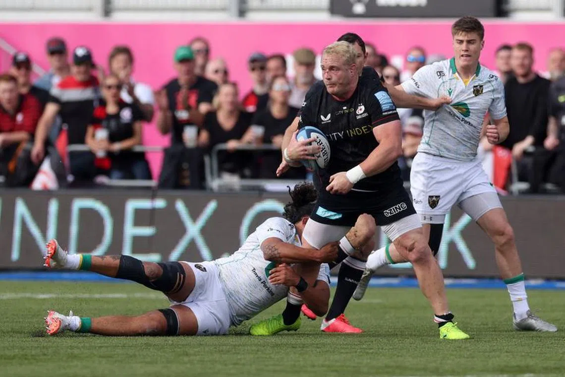 FILE PHOTO-Rugby Union - Premiership - Saracens v Northampton Saints - StoneX Stadium, London, Britain - May 21, 2022 Saracens' Vincent Koch in action with Northampton Saints' Lewis Ludlam   Action Images/Paul Childs/File Photo