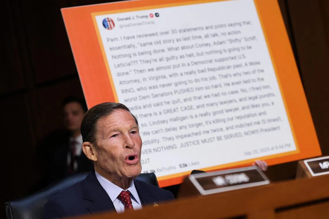 Mr Richard Blumenthal got into a fiery exchange with US Attorney-General Pam Bondi during a congressional hearing.