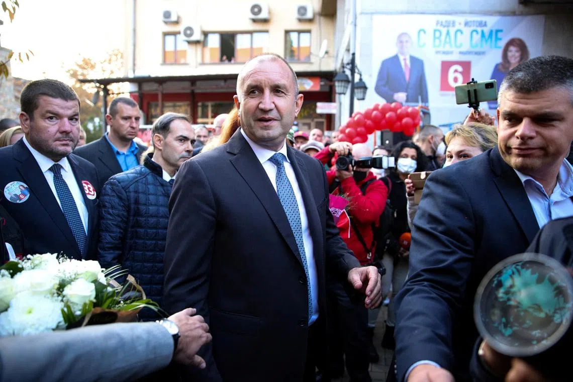FILE PHOTO: Incumbent President Rumen Radev meets supporters during an election rally, ahead of the presidential vote on Sunday, in Haskovo, Bulgaria, November 8, 2021. REUTERS/Stoyan Nenov/File Photo