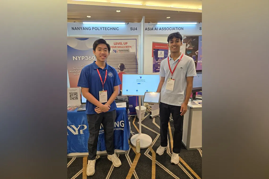 Nanyang Polytechnic students Xavier Woon (left) and Rohan Senthil built a voice scam simulation programme with five other schoolmates.