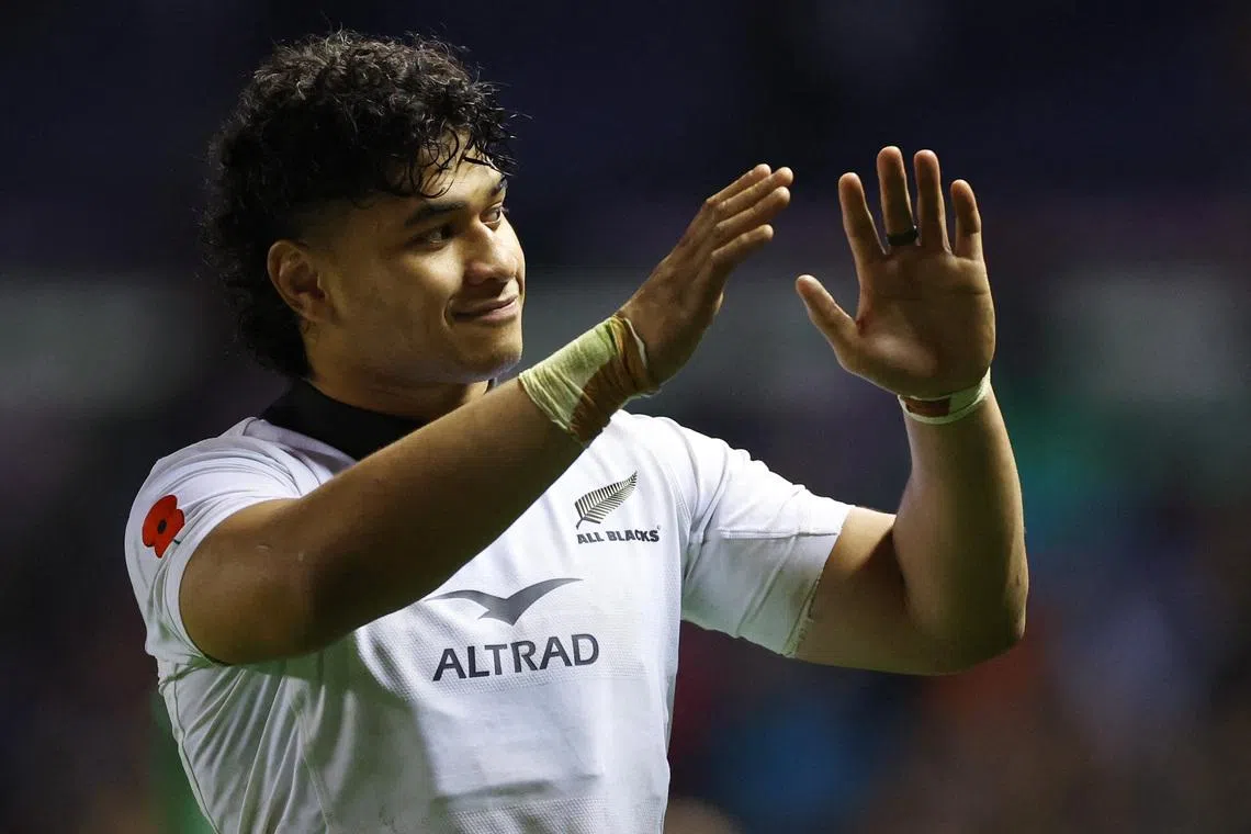 Rugby Union - Autumn Internationals - Scotland v New Zealand - Murrayfield Stadium, Edinburgh, Scotland, Britain - November 8, 2025 New Zealand's Wallace Sititi celebrates after the match REUTERS/Russell Cheyne/File Photo