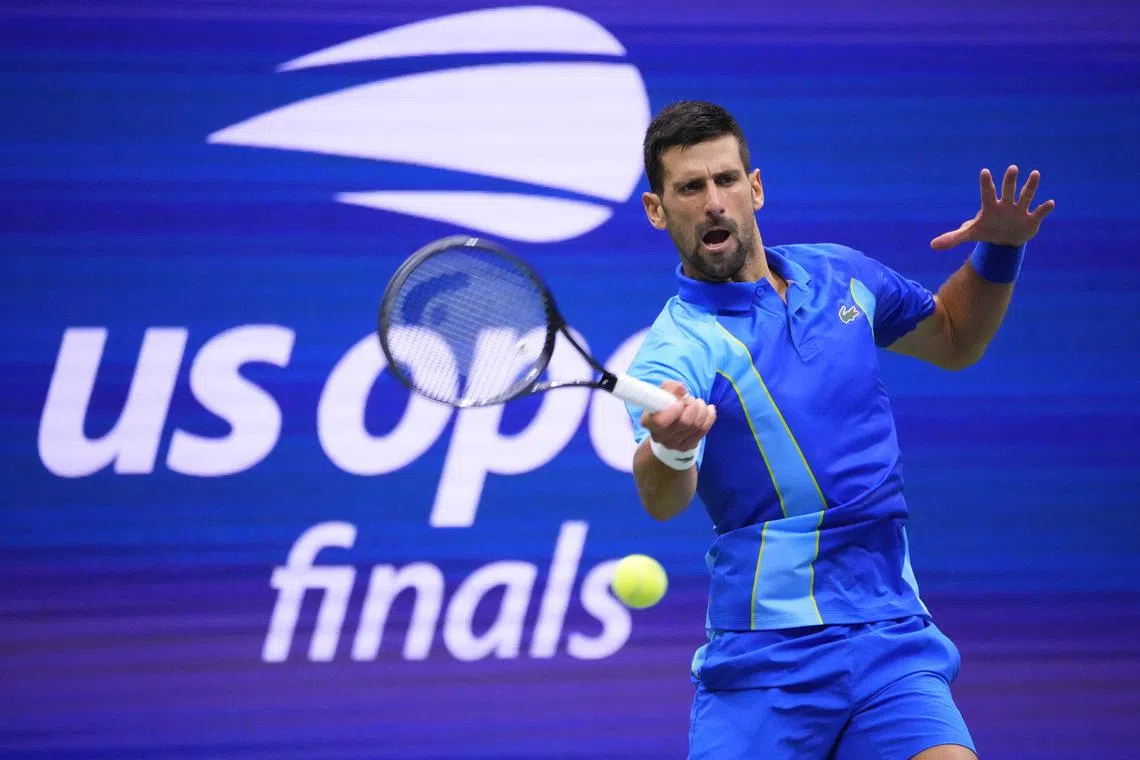 Sep 10, 2023; Flushing, NY, USA; Novak Djokovic of Serbia hits a forehand against Daniil Medvedev (not pictured) in the men's singles final on day fourteen of the 2023 U.S. Open tennis tournament at USTA Billie Jean King National Tennis Center. Mandatory Credit: Robert Deutsch-USA TODAY Sports/ File Photo