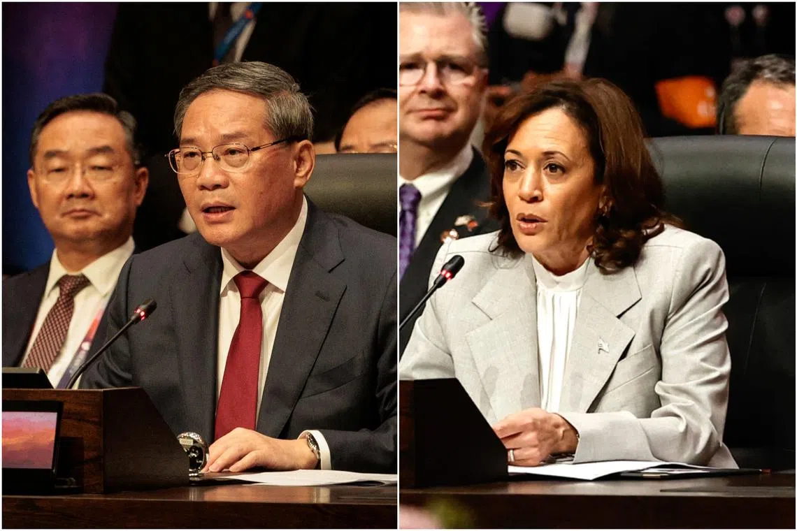 China's Premier Li Qiang (left) and US V-P Kamala Harris delivering remarks at the Asean-US Summit in Jakarta, on Sept 6.