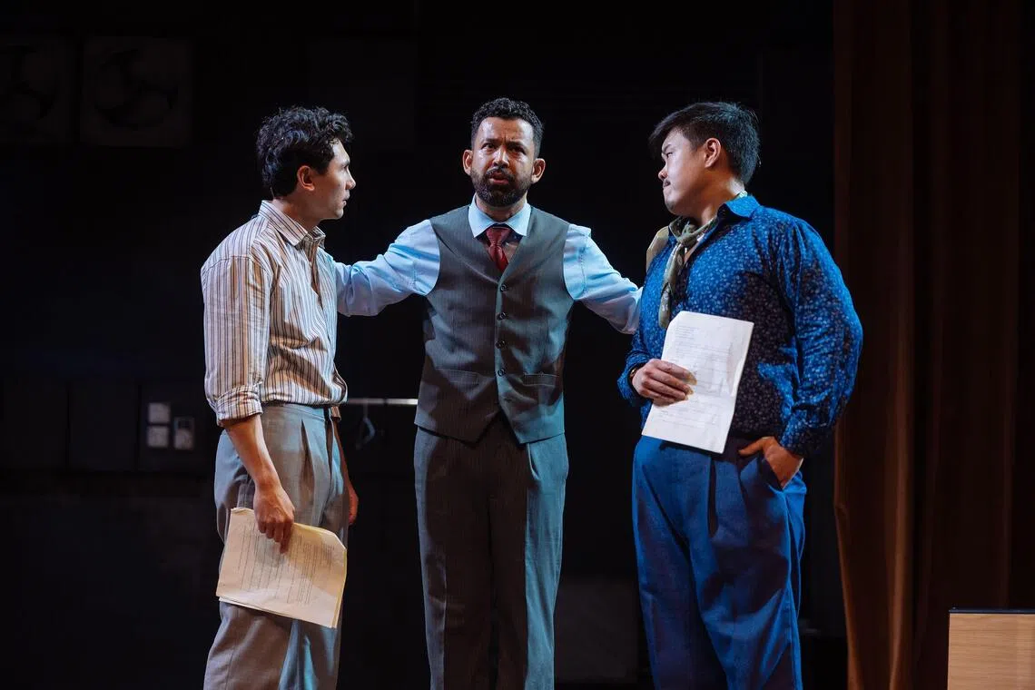 (From left) Zachary Pang, Ghafir Akbar and Andrew Marko in A Mirror, Pangdemonium’s staging of a 2023 work about an illicit play in the guise of a wedding.