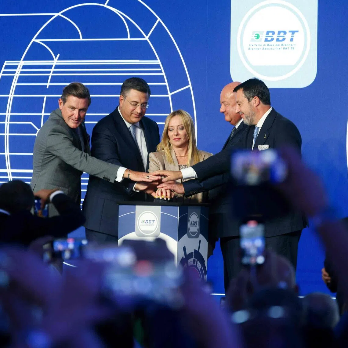Italian Prime Minister Giorgia Meloni (centre) and Austrian Chancellor Christian Stocker (second from right) attending a breakthrough ceremony for the Brenner Base Tunnel, linking Italy and Austria.