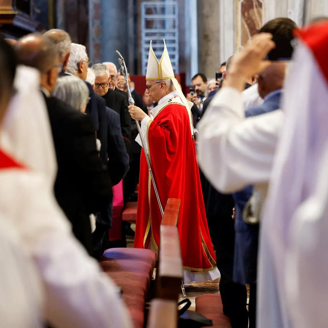 Pope Leo XIV arrives for Cardinal Camillo Ruini's funeral, in Saint Peter's Basilica, at the Vatican, June 18, 2026. REUTERS/Remo Casilli