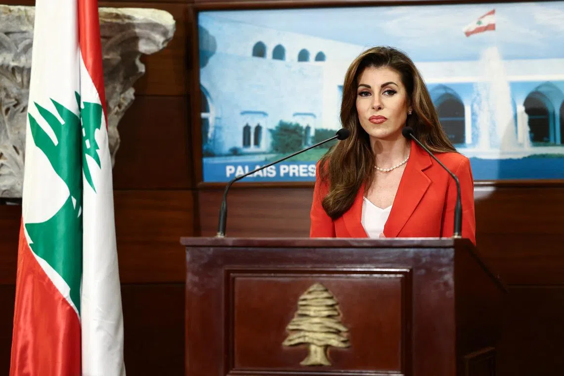 U.S. deputy special envoy for the Middle East Morgan Ortagus gives a statement after a meeting with the Lebanese President Joseph Aoun at the presidential palace in Baabda, Lebanon February 7, 2025. REUTERS/Emilie Madi