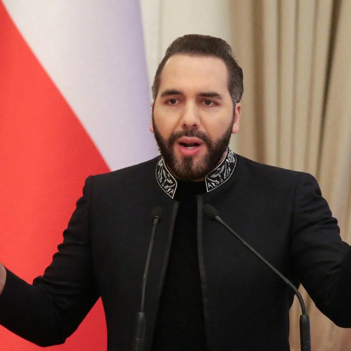 FILE PHOTO: El Salvador's President Nayib Bukele speaks during a press conference with Chile's President-elect Jose Antonio Kast (not pictured) at the Presidential House in San Salvador, El Salvador January 30, 2026. REUTERS/Jose Cabezas/File Photo