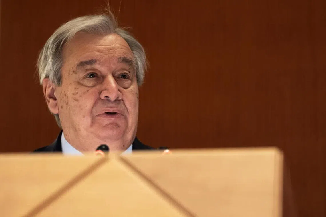 epa11921591 U.N. Secretary-General Antonio Guterres delivers his statement during the Conference on Disarmament High-level Segment at the European headquarters of the United Nations in Geneva, Switzerland, 24 February 2025. EPA-EFE/SALVATORE DI NOLFI
