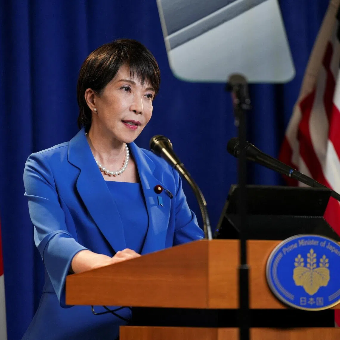 Japanese PM Sanae Takaichi addressing the media during a press conference after speaking at the United Nations General Assembly on Sept 23.