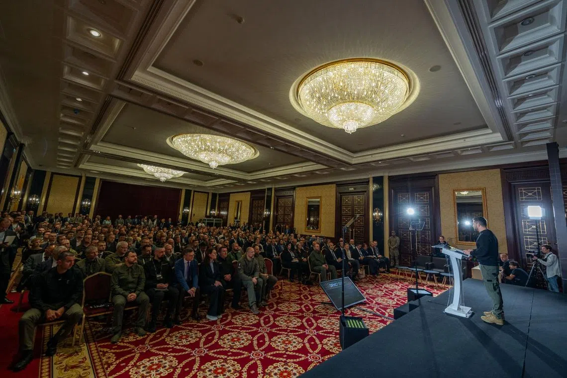 Ukrainian President Volodymyr Zelensky addresses executives representing more than 250 Western weapons producers.