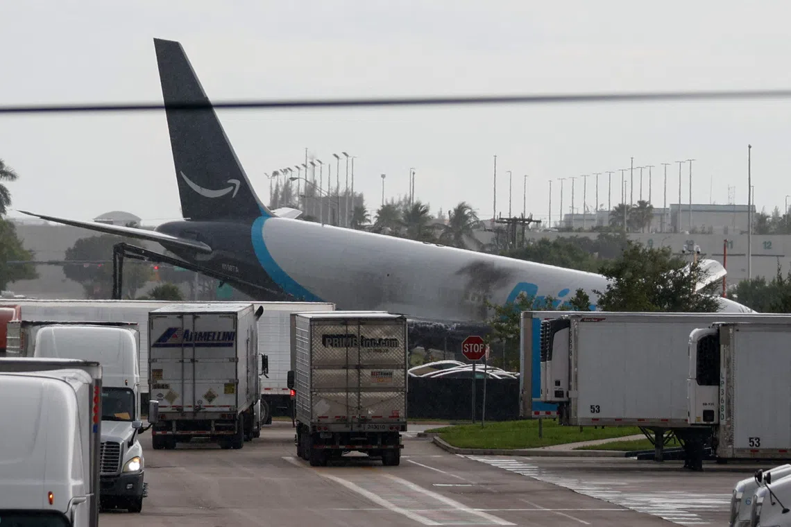 A view of an Amazon Prime Air cargo plane that airport officials said overran a runway at Miami International Airport, in Miami, Florida, U.S., September 6, 2026. REUTERS/Marco Bello