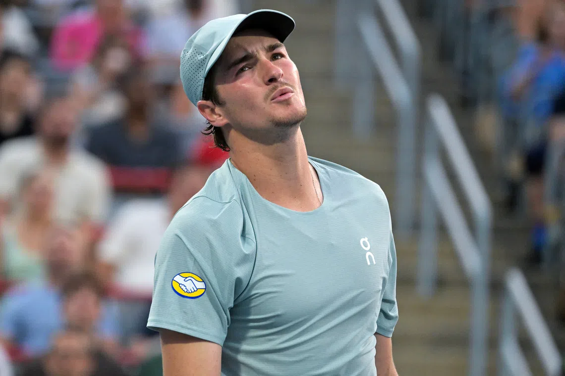 Aug 9, 2026; Montreal, QC, Canada; Joao Fonseca (BRA) reacts after losing a point against Ben Shelton (USA) during round of sixteen play at IGA Stadium. Mandatory Credit: Eric Bolte-Imagn Images