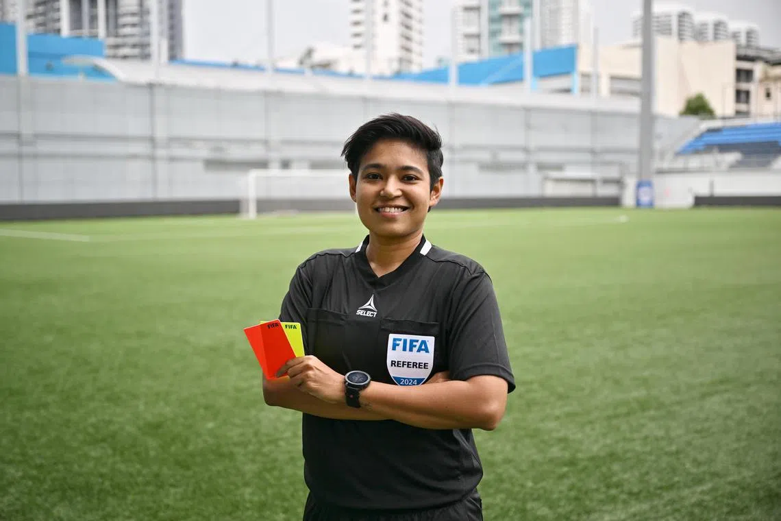 Feature profile for International Women’s Day on ladies who contribute to local sports quietly and not in the forefront. 

FAS referee, Abirami Naidu, 40, is Singapore’s first female referee to be accredited by FIFA and has even officiated at the Women’s World Cup. 

Picture taken on March 5, 2024, at Jalan Besar Stadium.