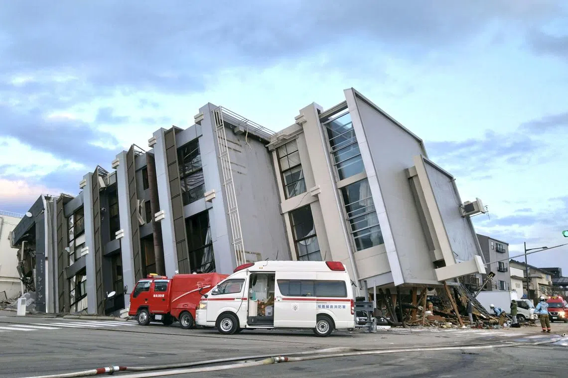 A collapsed building caused by an earthquake is seen in Wajima, Ishikawa prefecture, Japan, on Jan 2, 2024.
