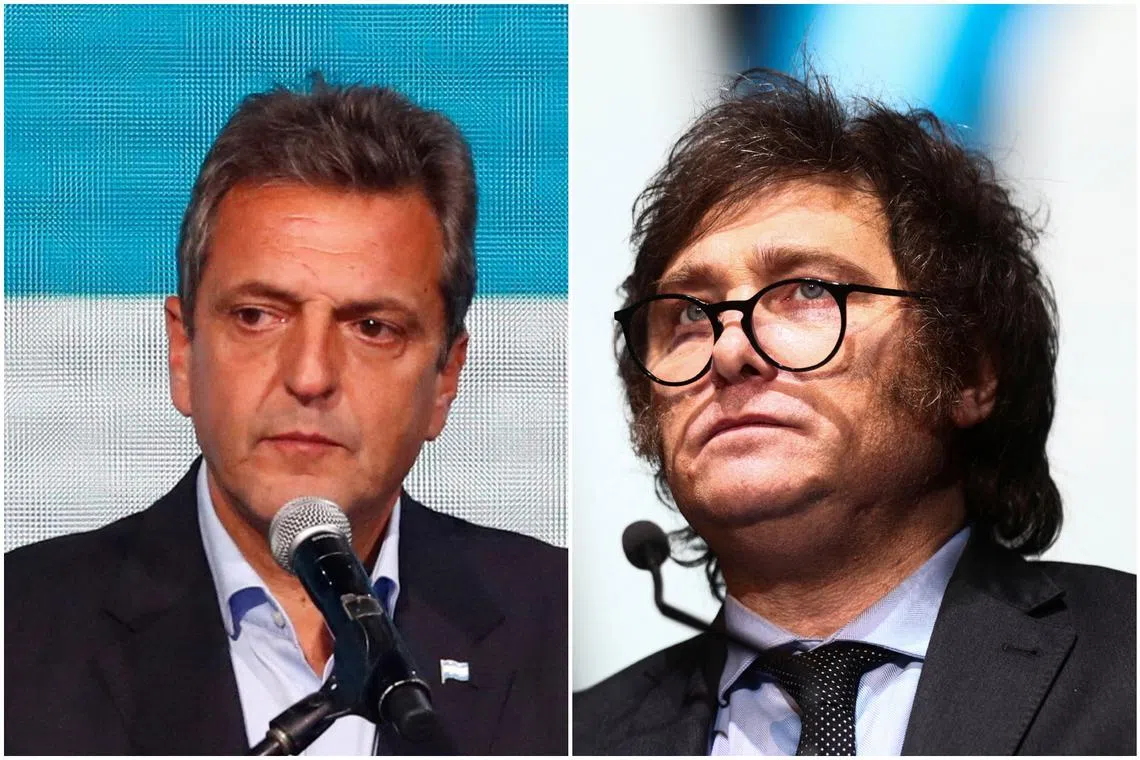 Argentina's Economy Minister Sergio Mass (left) and radical libertarian Javier Milei will go to a run-off vote on Nov 19.