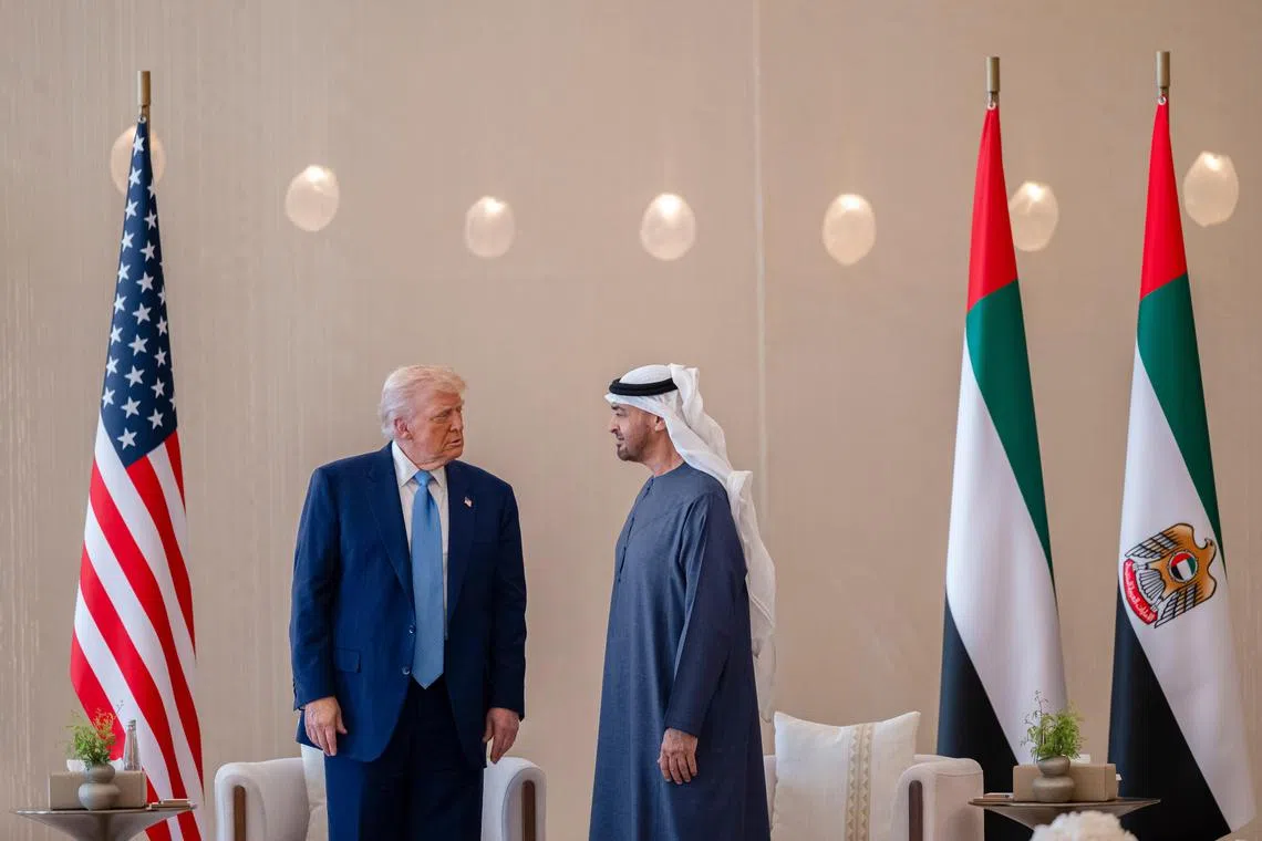 UAE President Sheikh Khaled Bin Mohamed Bin Zayed Al Nahyan (right) speaking with US President Donald Trump, at the Presidential Airport in Abu Dhabi.