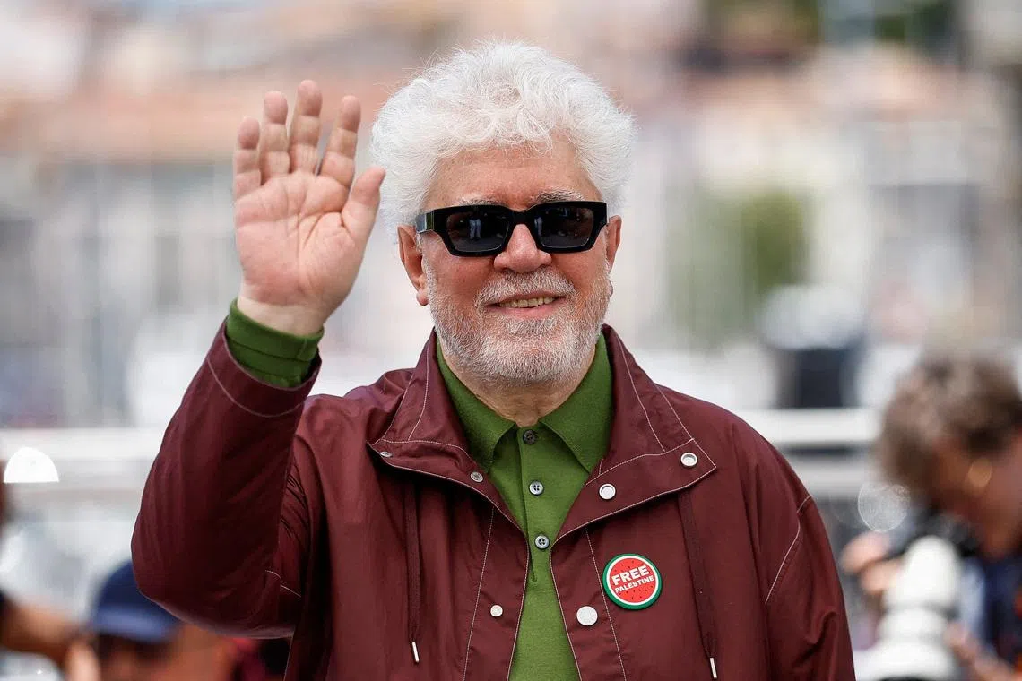 Director Pedro Almodovar who is wearing a \"Free Palestine\" pin,  poses during a photocall for the film \"Amarga Navidad\" (Bitter Christmas - Autofiction) in competition at the 79th Cannes Film Festival in Cannes, France, May 20, 2026. REUTERS/Sarah Meyssonnier