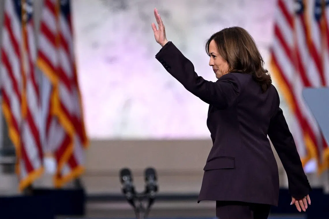 US Vice-President Kamala Harris waving at supporters as she walks off stage after speaking at Howard University in Washington, DC, on Nov 6, 2024. Ms Harris vowed to keep fighting for the ideals that powered her presidential campaign and pledged to continue fighting for women’s rights and against gun violence and to “fight for the dignity that all people deserve”.