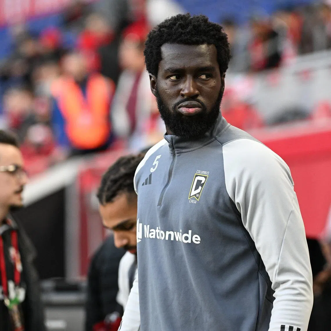 Nov 3, 2024; Harrison, New Jersey, USA; Columbus Crew midfielder Derrick Jones (5) warms up before a game against the New York Red Bulls in a 2024 MLS Cup Playoffs Round One match at Red Bull Arena. Mandatory Credit: Mark Smith-Imagn Images/File Photo