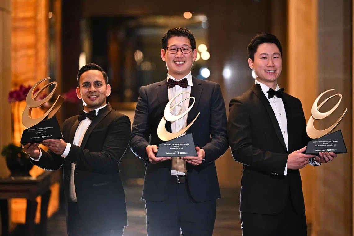 (From left) Dr. Shravan Verma, Co-Founder & CEO of Speedoc Pte Ltd; Mr Eu-wen Ding, Co-Founder & CEO of Lumos Labs Pte Ltd; and Mr. Charles Tang, Founder, CEO of AP Technologies Pte Ltd. The companies are the top three winners of the Emerging Enterprise Awards held at Shangri-La Singapore.