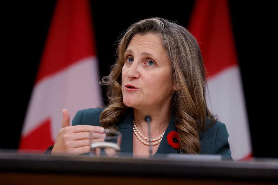 FILE PHOTO: Canada's Deputy Prime Minister and Minister of Finance Chrystia Freeland takes part in a press conference in Ottawa, Ontario, Canada October 29, 2024. REUTERS/Blair Gable/File Photo