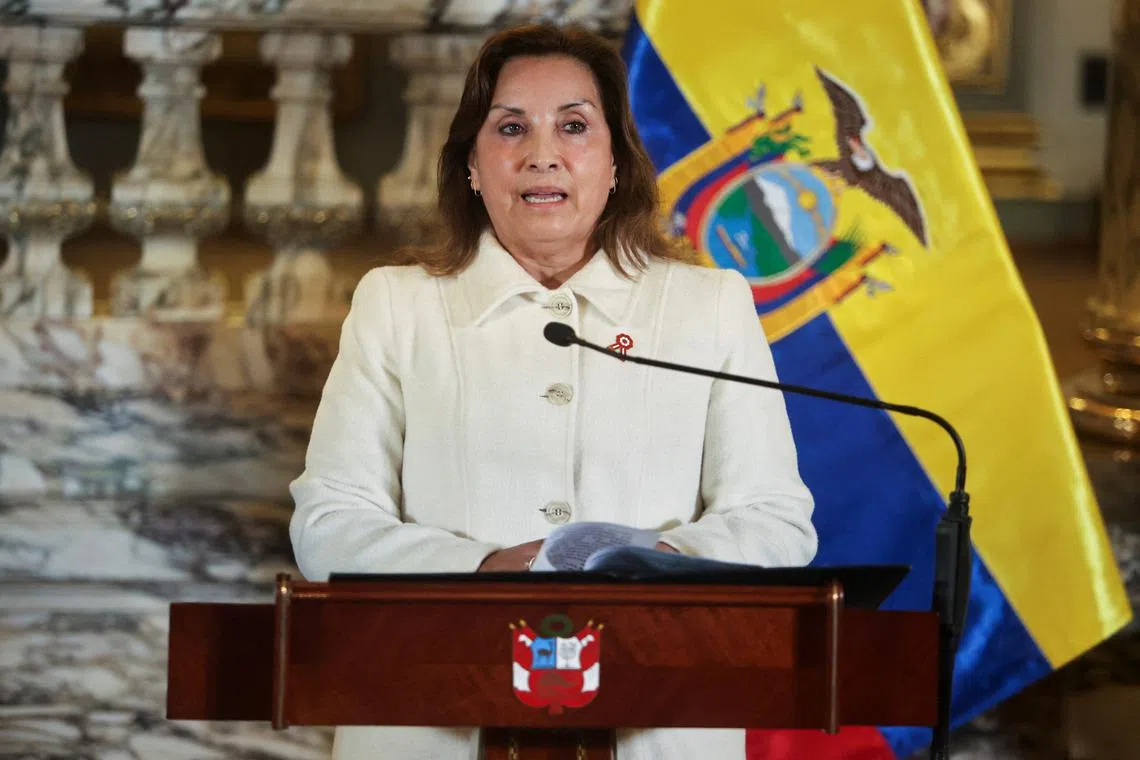 FILE PHOTO: Peru's President Dina Boluarte speaks on the day of the Presidential Meeting and XV Bilateral Cabinet between the Governments of Peru and Ecuador, in Lima, Peru, July 4, 2024. REUTERS/Sebastian Castaneda/File Photo