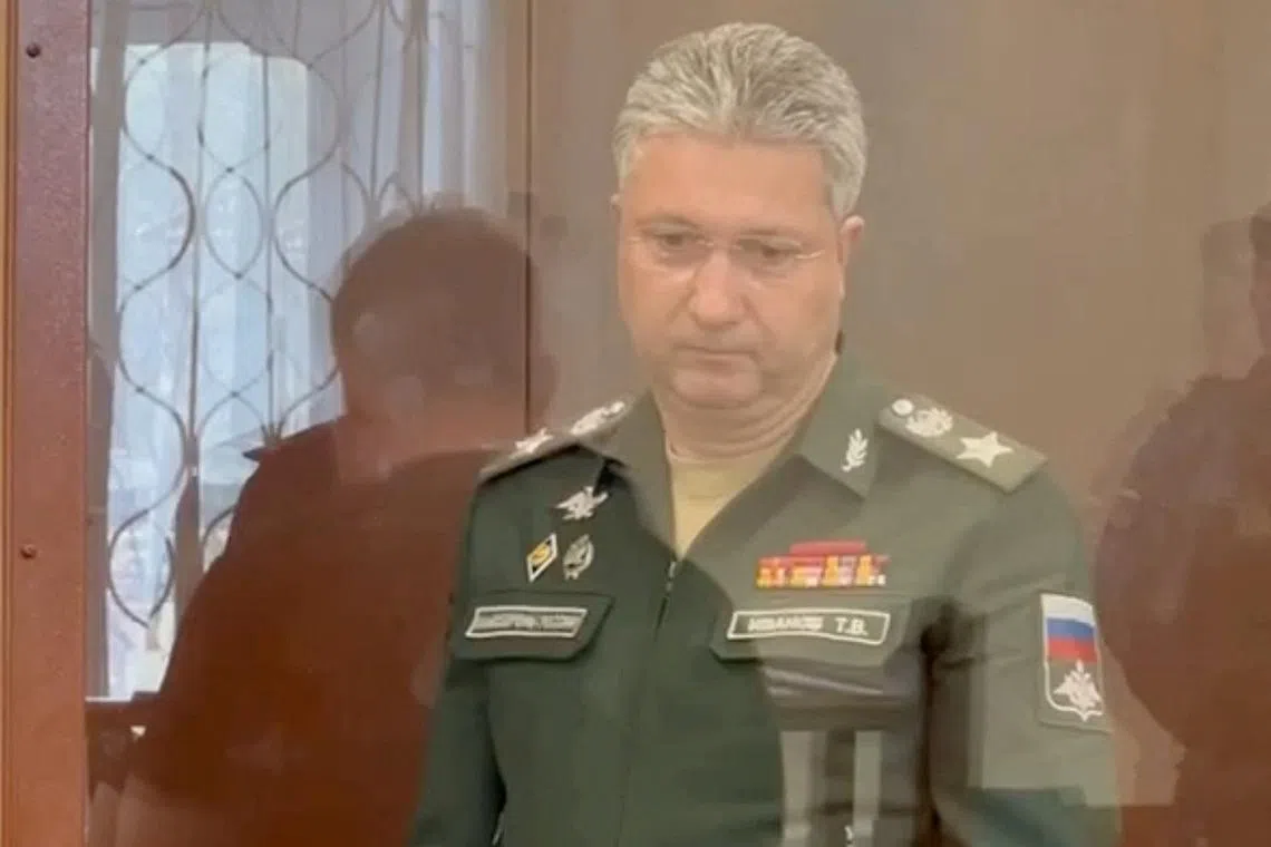 FILE PHOTO: Russian Deputy Defence Minister Timur Ivanov detained on suspicion of taking major bribes attends a court hearing in Moscow, Russia, in this still image from video released April 24, 2024. Moscow City Court's Press Office/Handout via REUTERS/File Photo