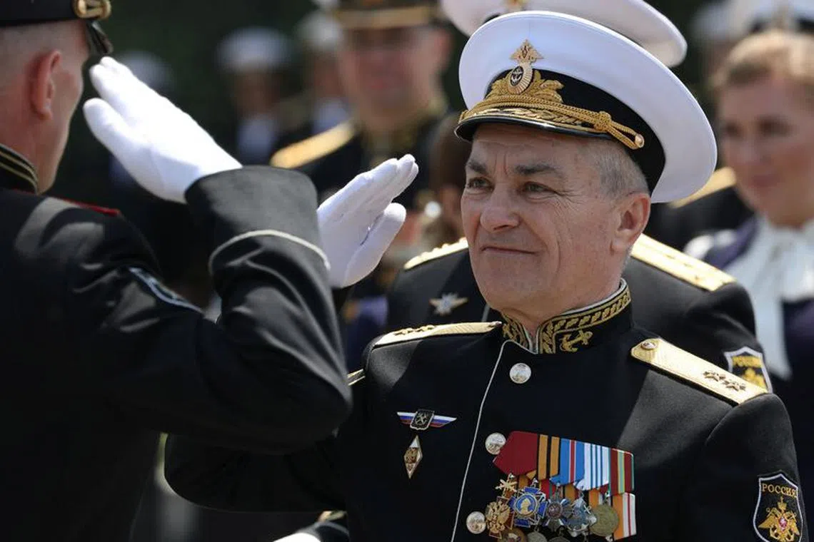 Commander of the Russian Black Sea Fleet Vice-Admiral Viktor Sokolov attends a ceremony marking 240th anniversary of Russia's Black Sea Fleet in Sevastopol, Crimea May 13, 2023. REUTERS/Alexey Pavlishak/File Photo