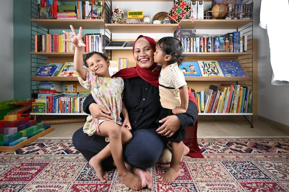 The Mum Collective SG founder Nurulhuda Mohamd Rasid with her four-year-old daughter Naeema Taufiq (left) and two-year-old son Kareem Taufiq.