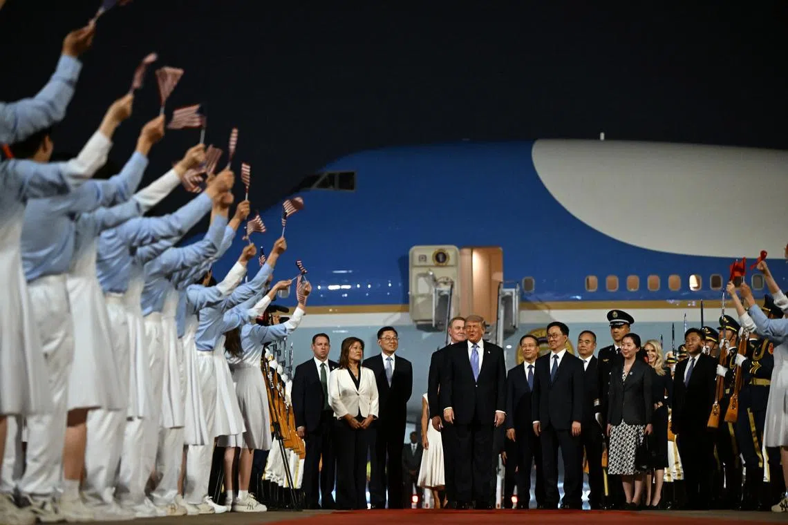 US President Donald Trump, accompanied by Chinese Vice-President Han Zheng, during a red-carpet greeting ceremony after arriving in Beijing on May 13.