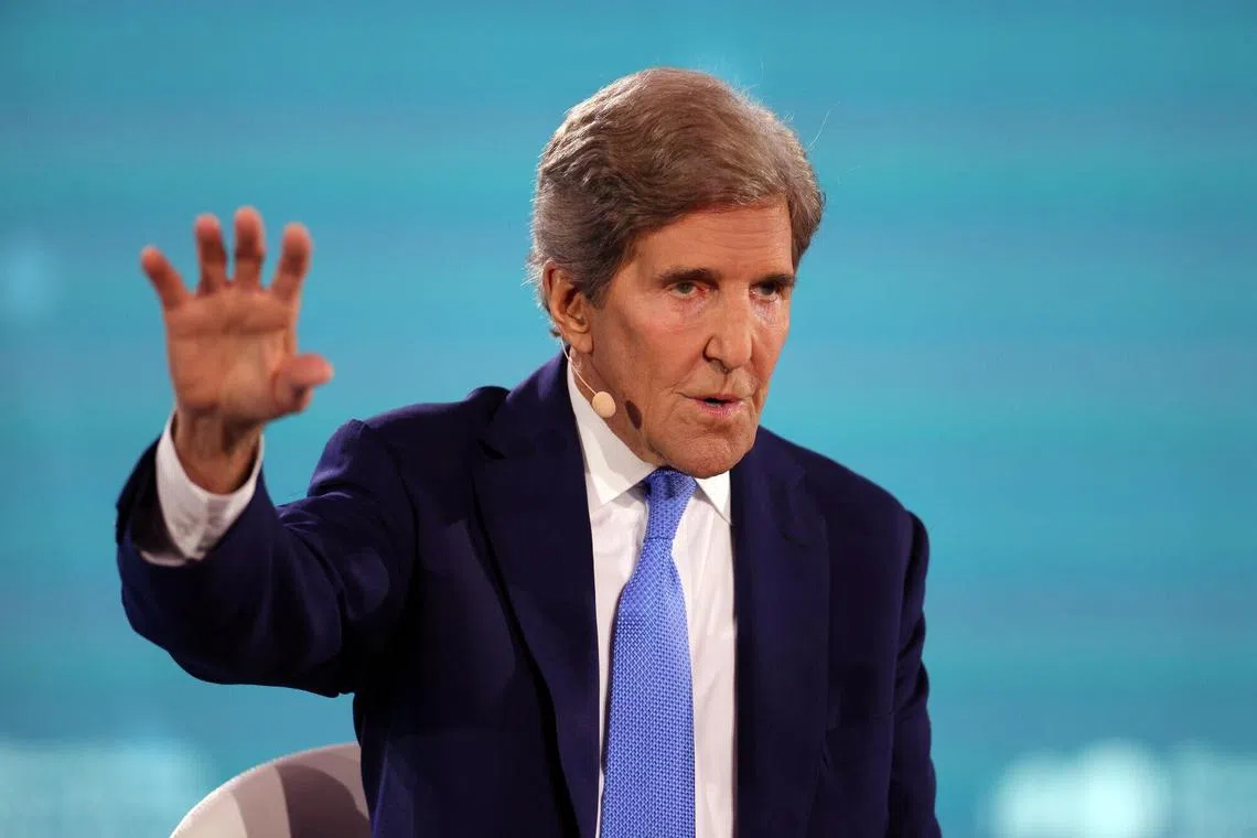 John Kerry, US special presidential envoy for climate, during the Bloomberg New Economy Forum in Singapore, on Friday, Nov. 10, 2023. The New Economy Forum is being organized by Bloomberg Media Group, a division of Bloomberg LP, the parent company of Bloomberg News. Photographer: Lionel Ng/Bloomberg